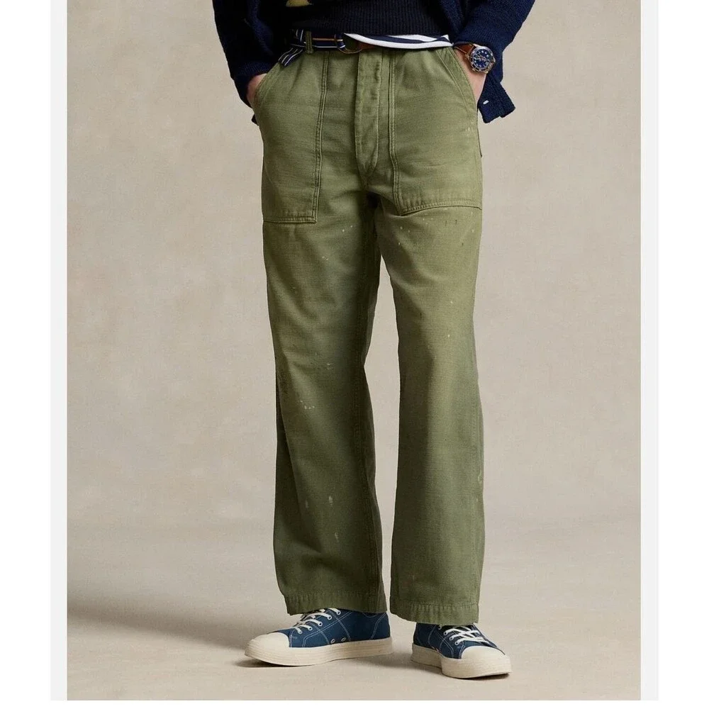 Polo Ralph Lauren Mens Fatigue Utility Pant Relaxed 36x34 Distressed Paint Splat
